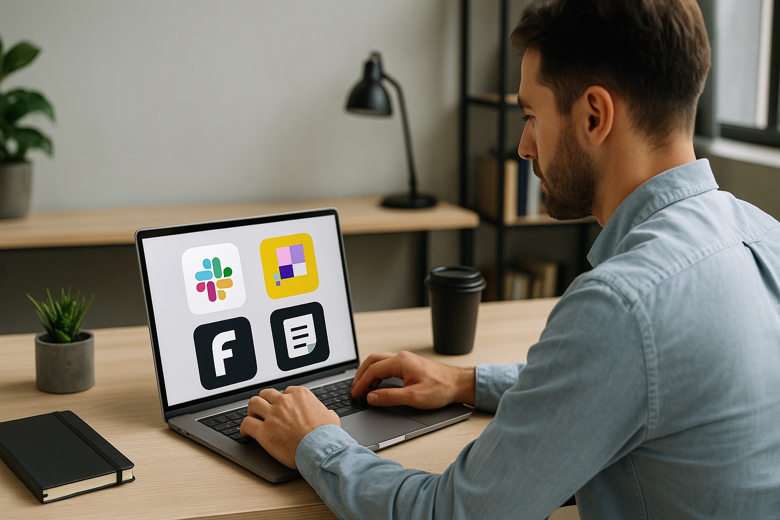 Engineer using collaboration apps on a laptop to support innovation workflows in a modern tech workspace.
