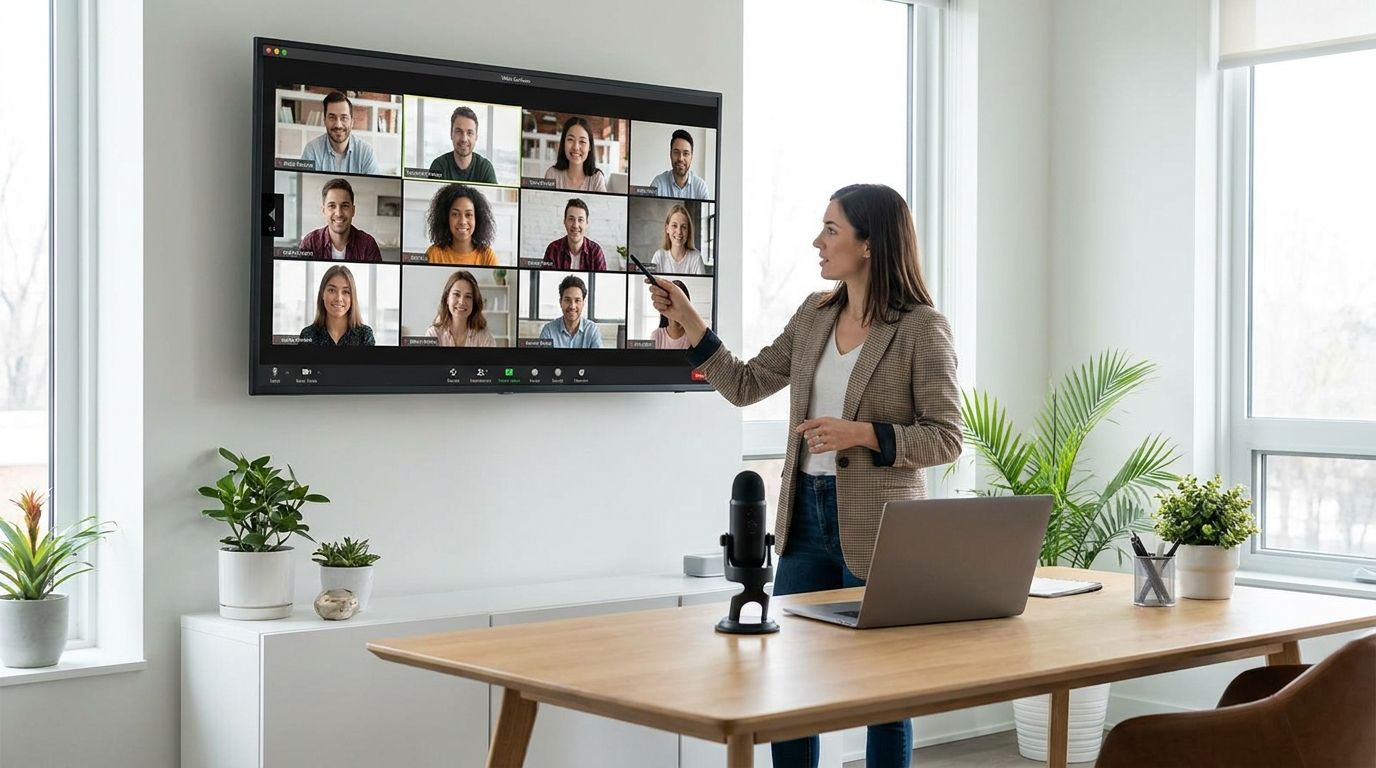 Teacher and students using virtual classroom software during an interactive online lesson